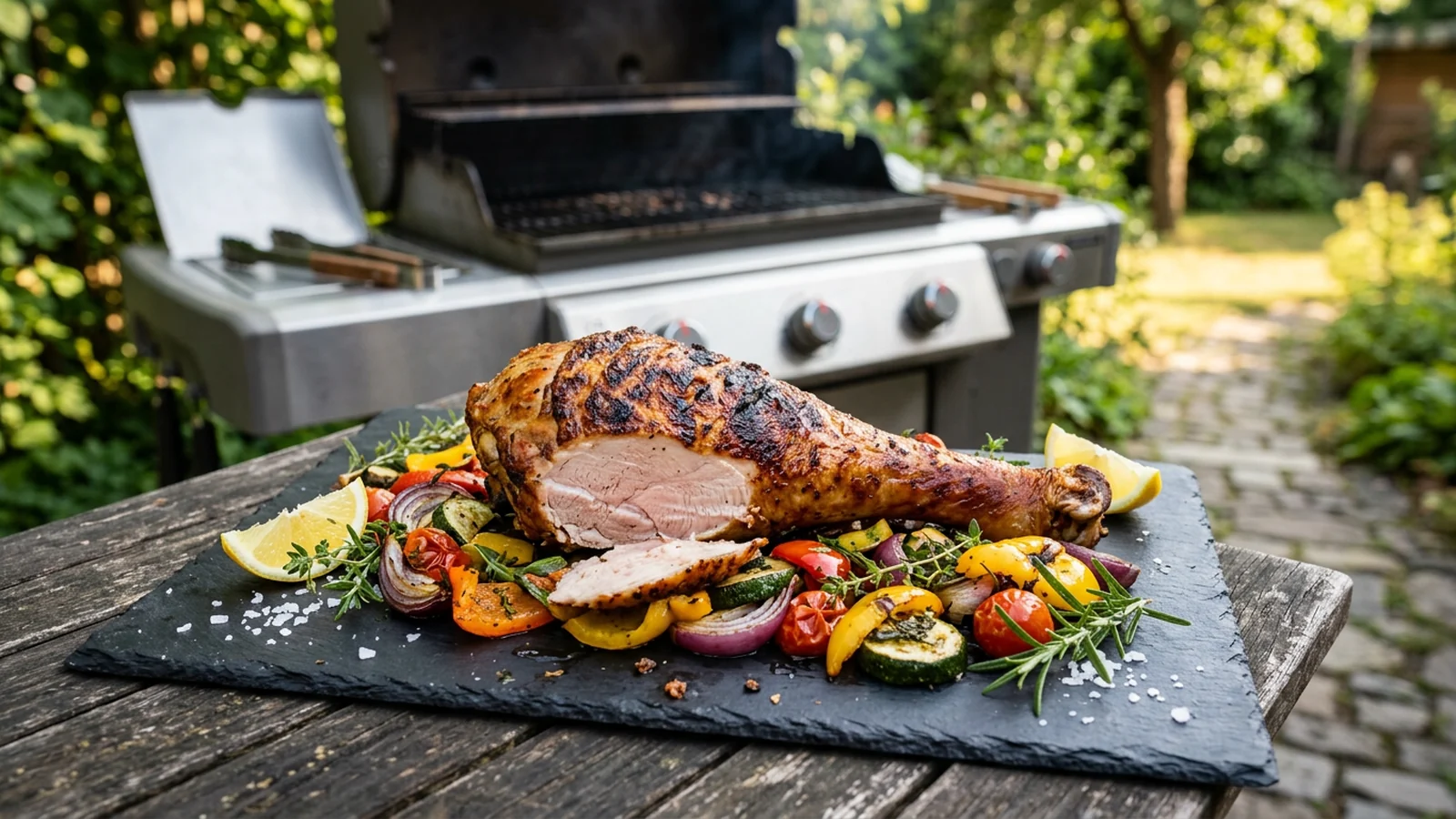 Gegrillter Truthahnschenkel mit gebräunter Haut und Grillgemüse