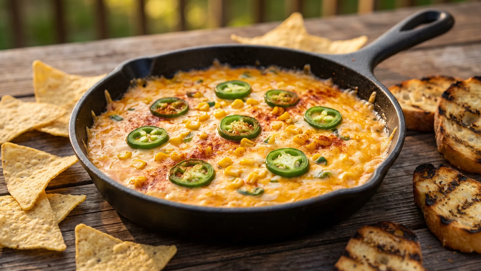 Warmer Jalapeño-Cheddar-Dip in einer Gusseisenpfanne mit Tortilla-Chips und Grillbrot