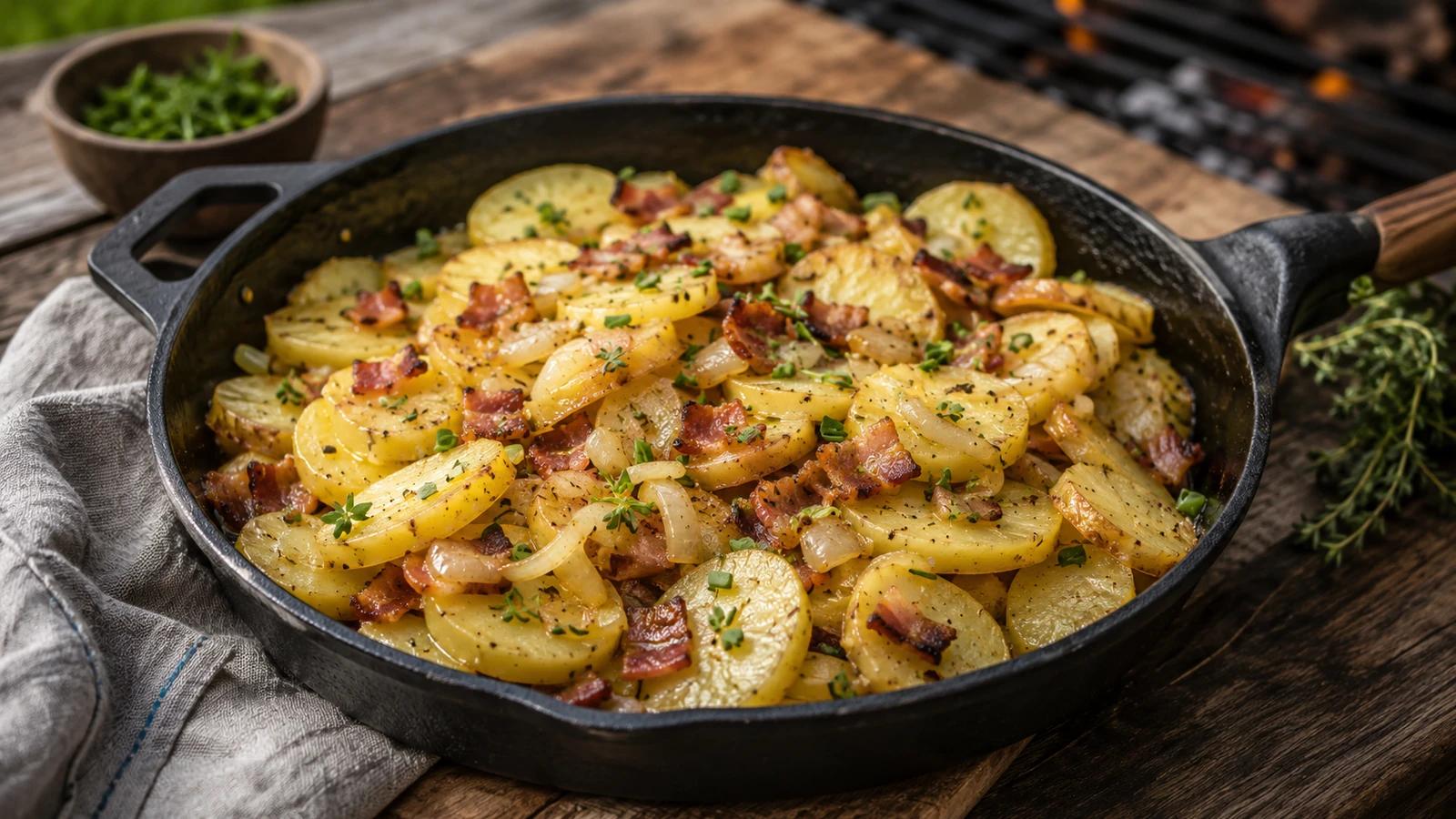 Warmer Kartoffelsalat aus der Grillpfanne appetitlich angerichtet als Grillbeilage in einer natürlichen Food-Szene