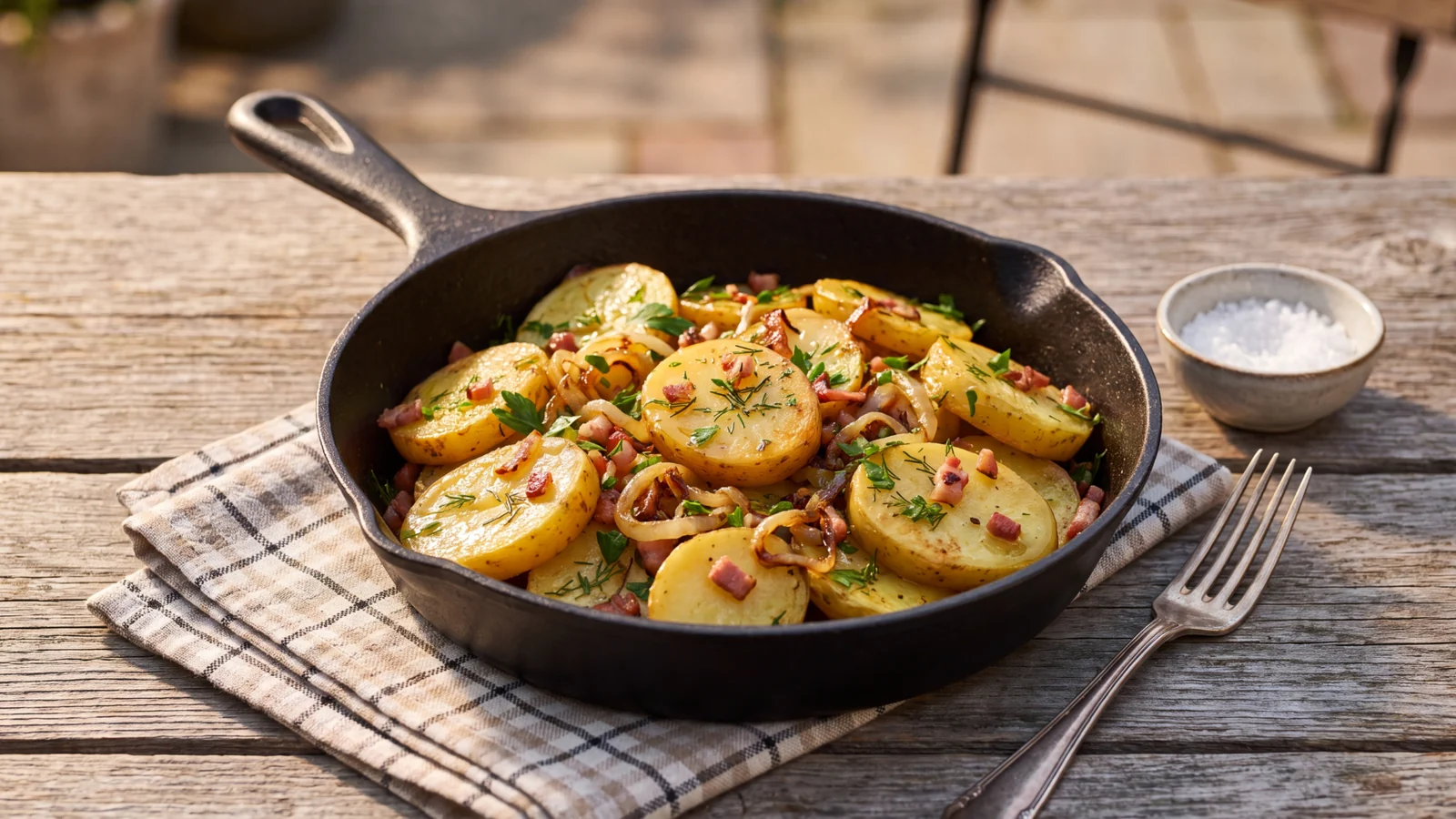 Warmer Kartoffelsalat aus der Grillpfanne appetitlich angerichtet als Grillbeilage in einer natürlichen Food-Szene