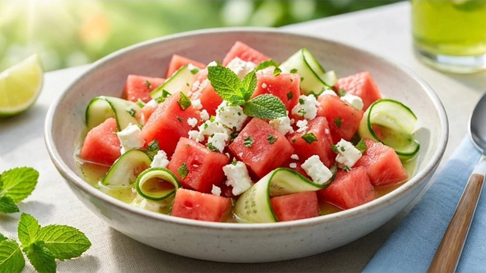 Wassermelonen-Feta-Salat mit Gurke, frischer Minze und Limette in einer hellen Schale