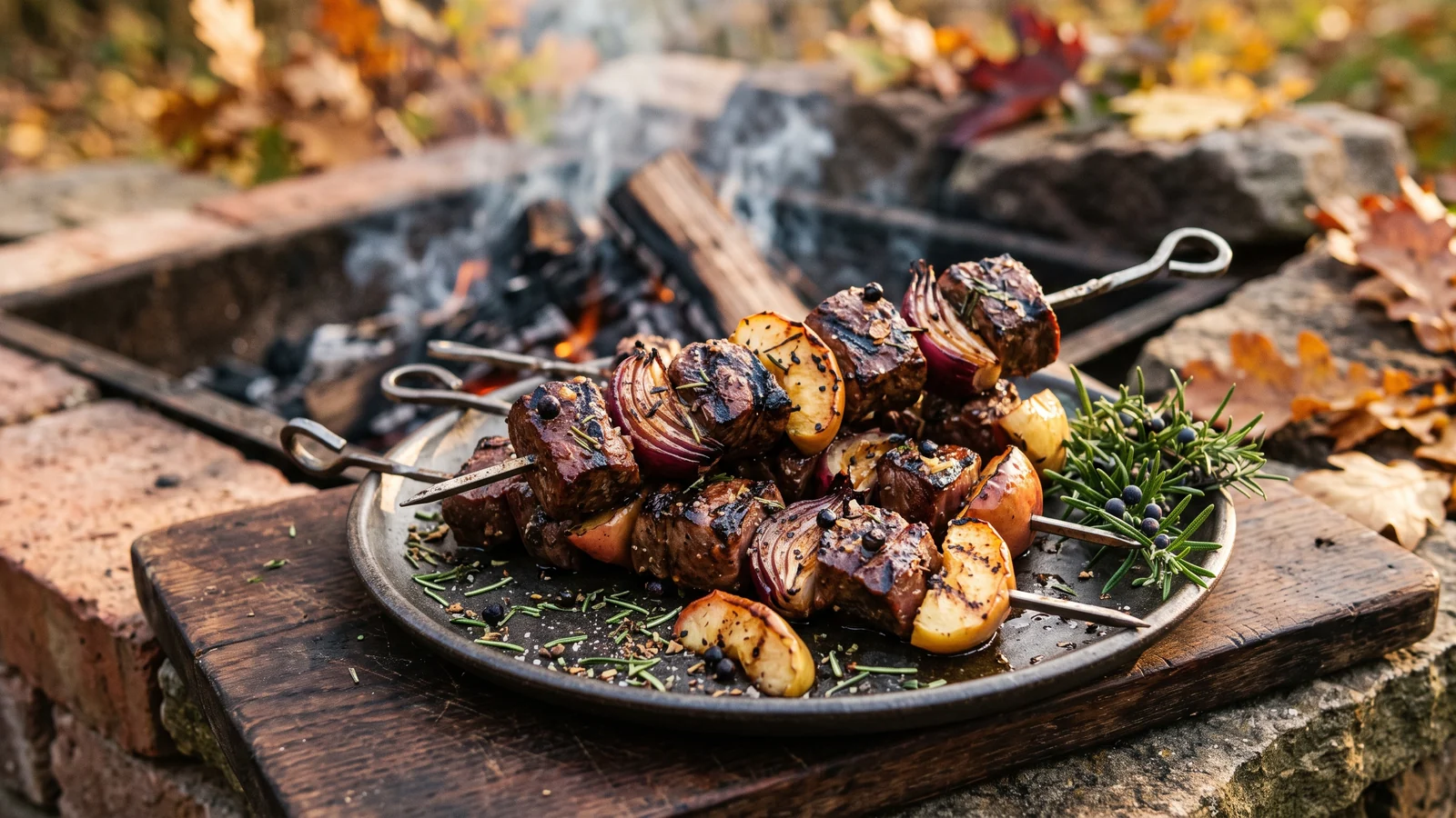 Gegrillte Wildschweinspieße mit Apfelstücken, roten Zwiebeln und Rosmarin