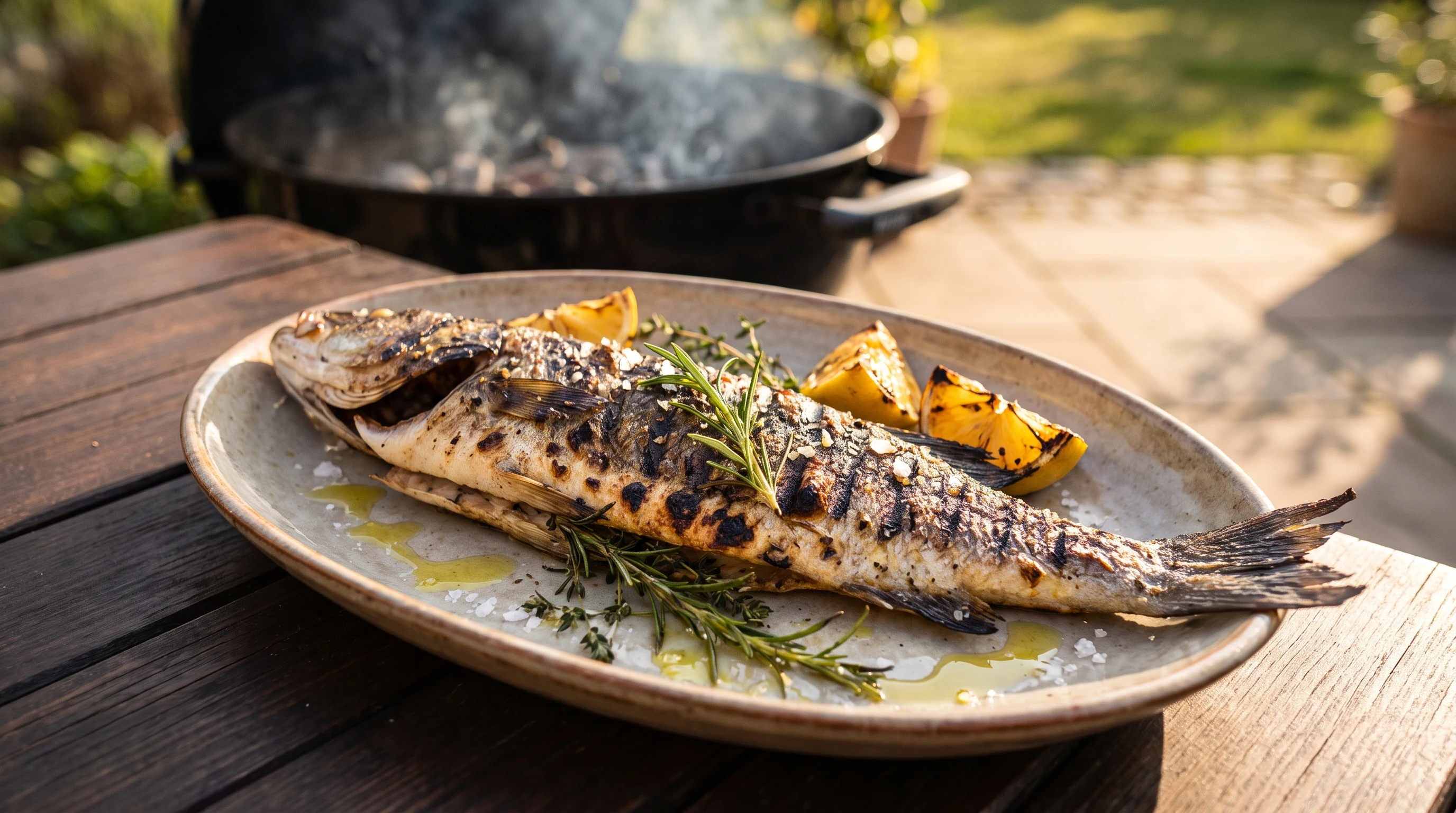 Wolfsbarsch grillen als realistische Grillaufnahme mit frischen Zutaten und Röstaromen