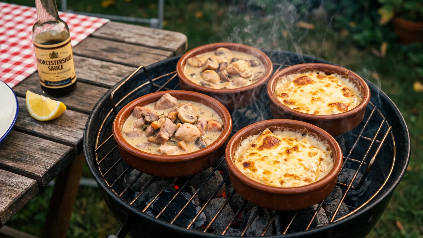 Würzfleisch aus der Grillschale cremig überbacken mit Käse, Pilzen und Zitrone