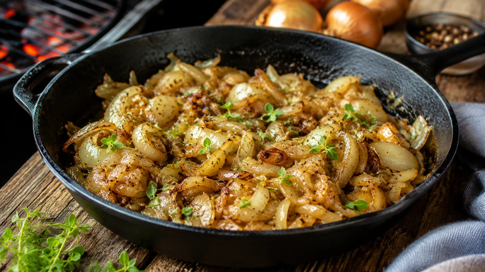 Zwiebel-Schmalz-Pfanne vom Grill appetitlich angerichtet als Grillbeilage in einer natürlichen Food-Szene