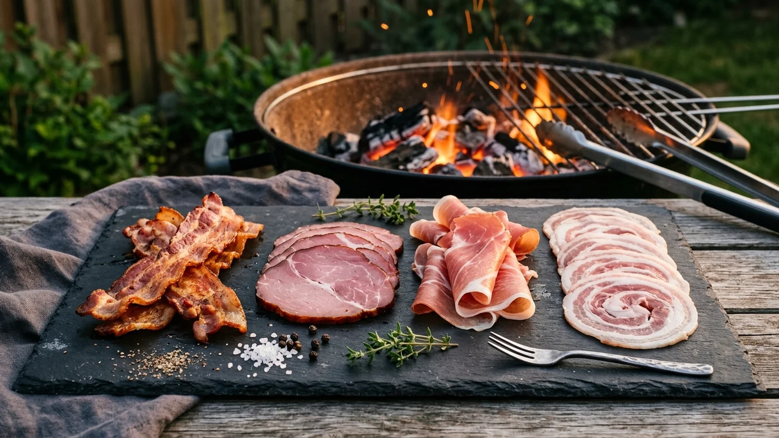 Bacon und verschiedene Schinkenarten als Vergleich für den Grill