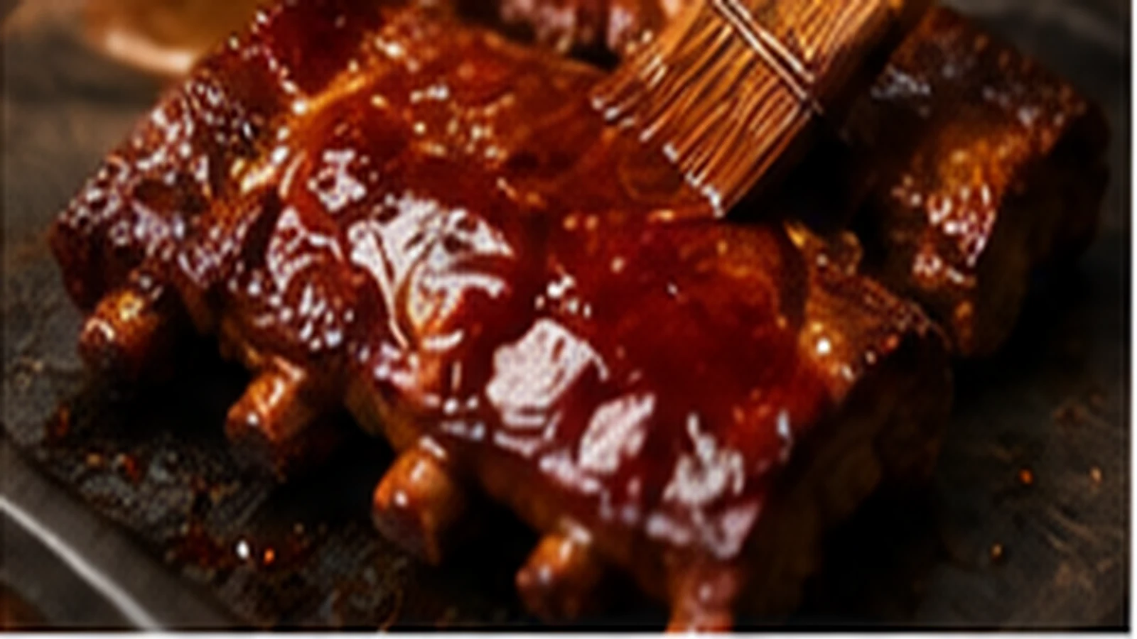Glänzende BBQ-Sauce wird mit einem Pinsel auf gegrillte Rippchen aufgetragen