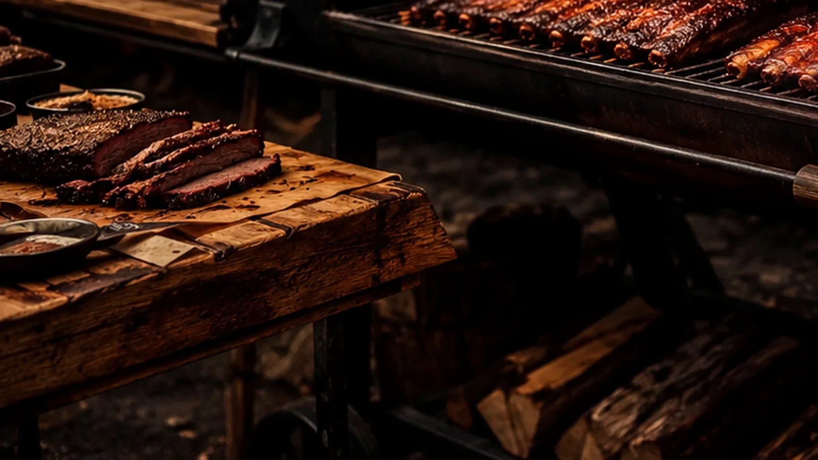 Aufgeschnittenes Brisket mit dunkler Bark und sichtbarer rosa Randzone