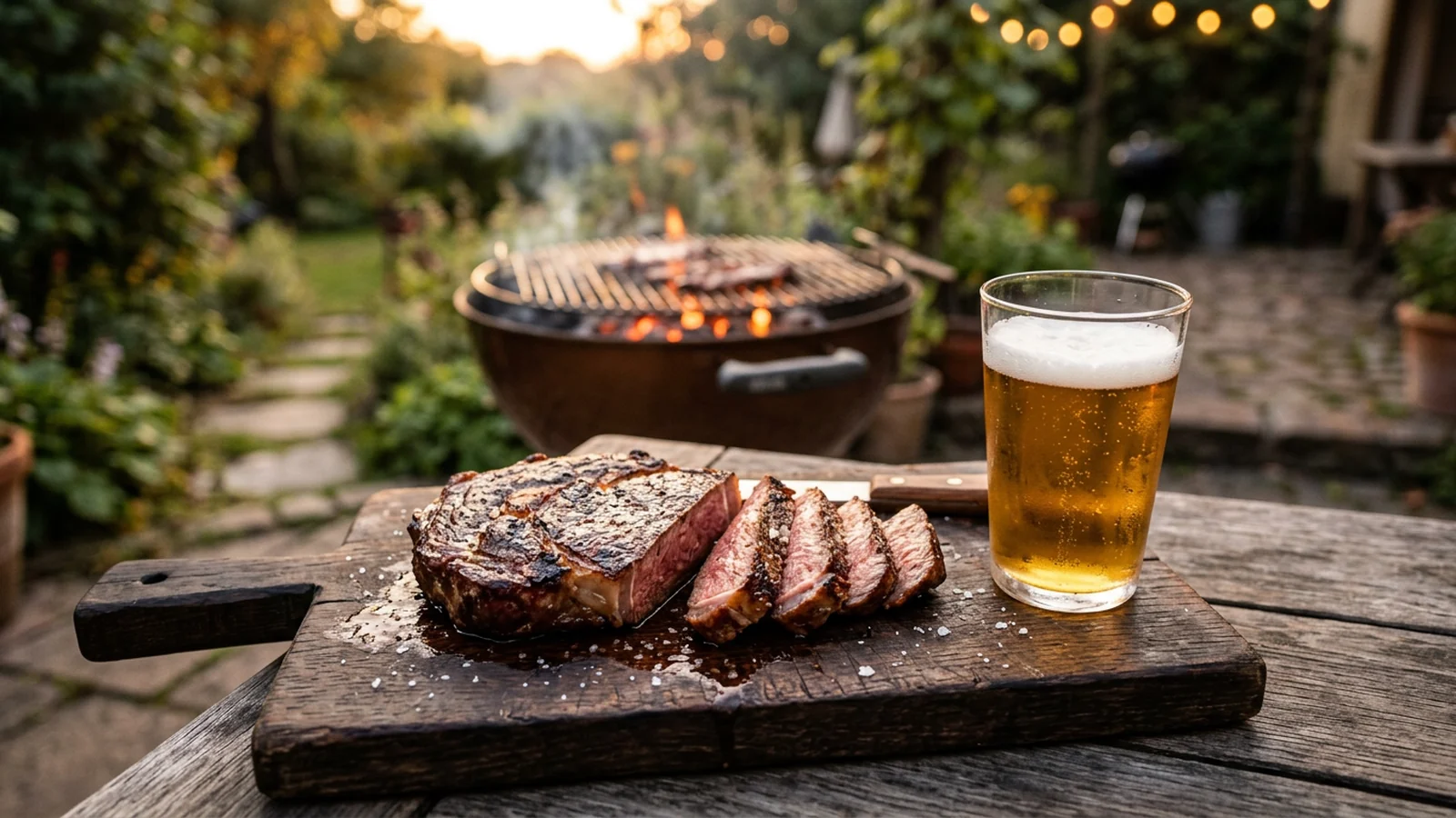 Gegrilltes Steak mit einem Glas Bier am Grill