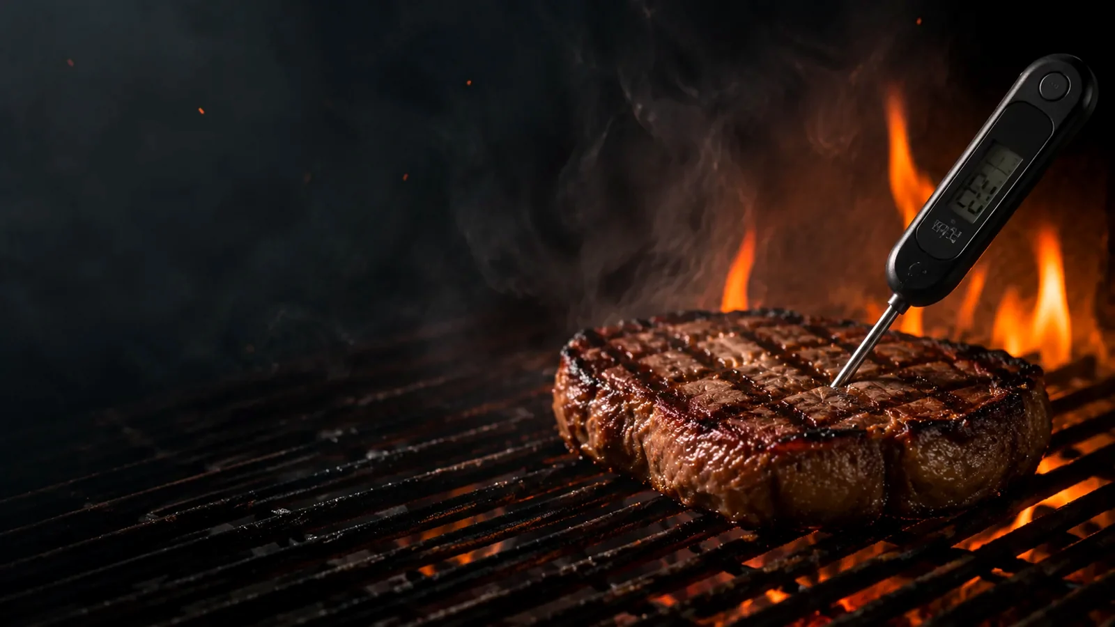 Steak auf dem Grill mit digitalem Temperaturfühler direkt am Grillrost