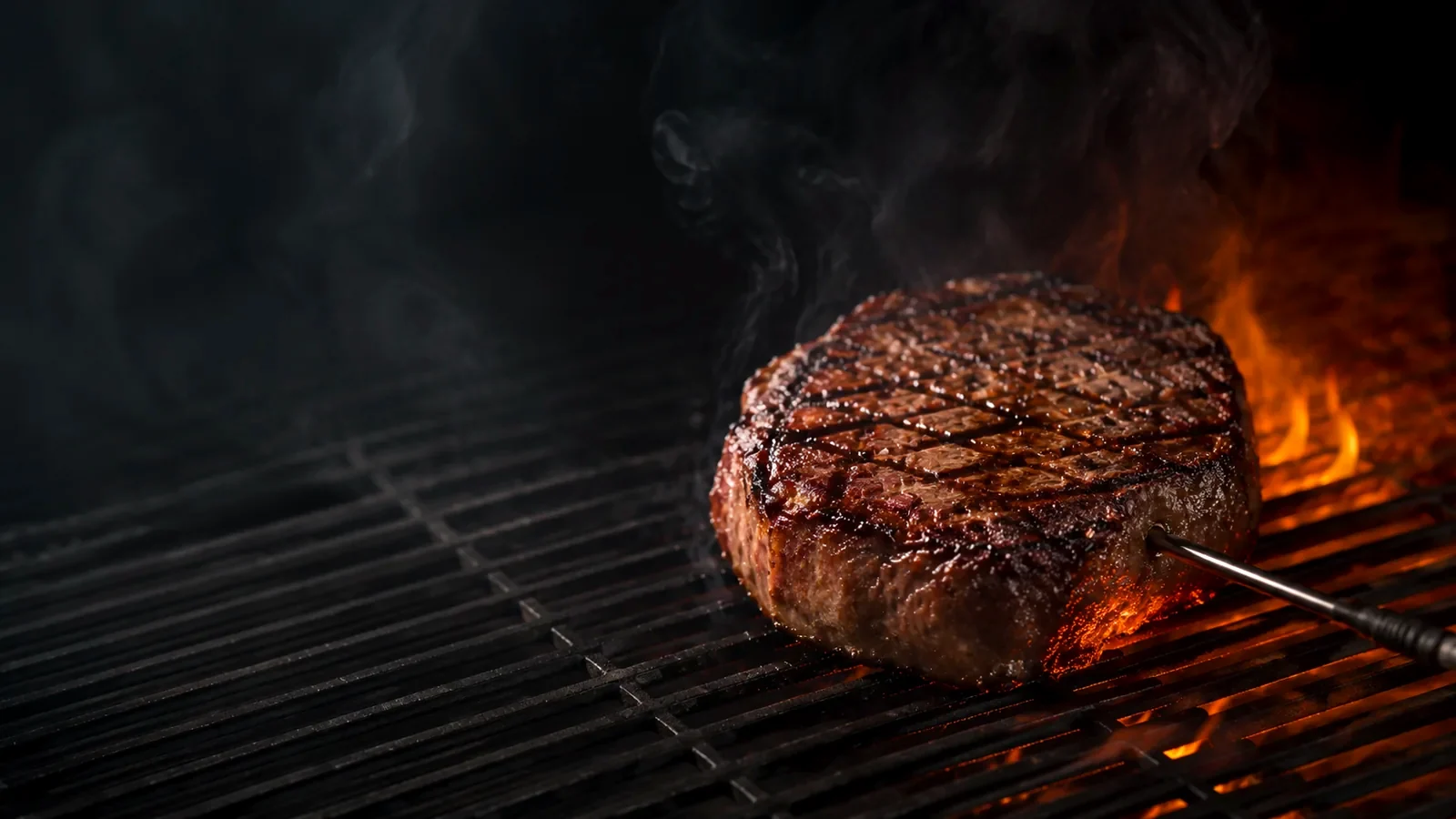Steak auf dem Grill mit hohen Flammen durch herabtropfendes Fett