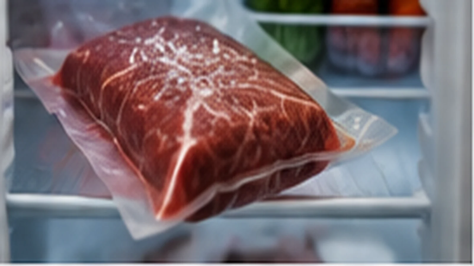 Vakuumverpacktes Fleisch liegt zum sicheren Auftauen auf einem Kühlschrankboden