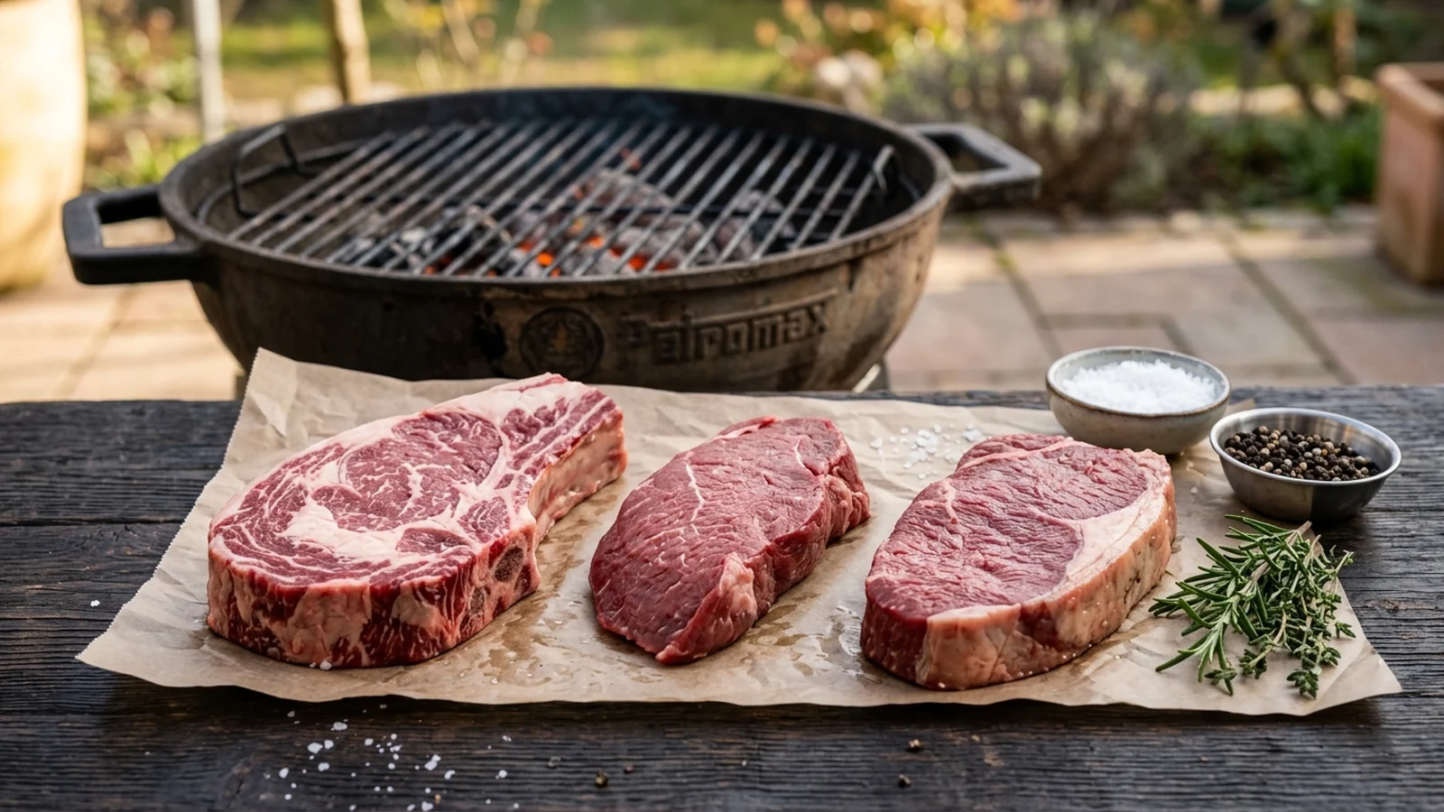 Mehrere Steak-Cuts mit unterschiedlicher Marmorierung vor dem Grillen