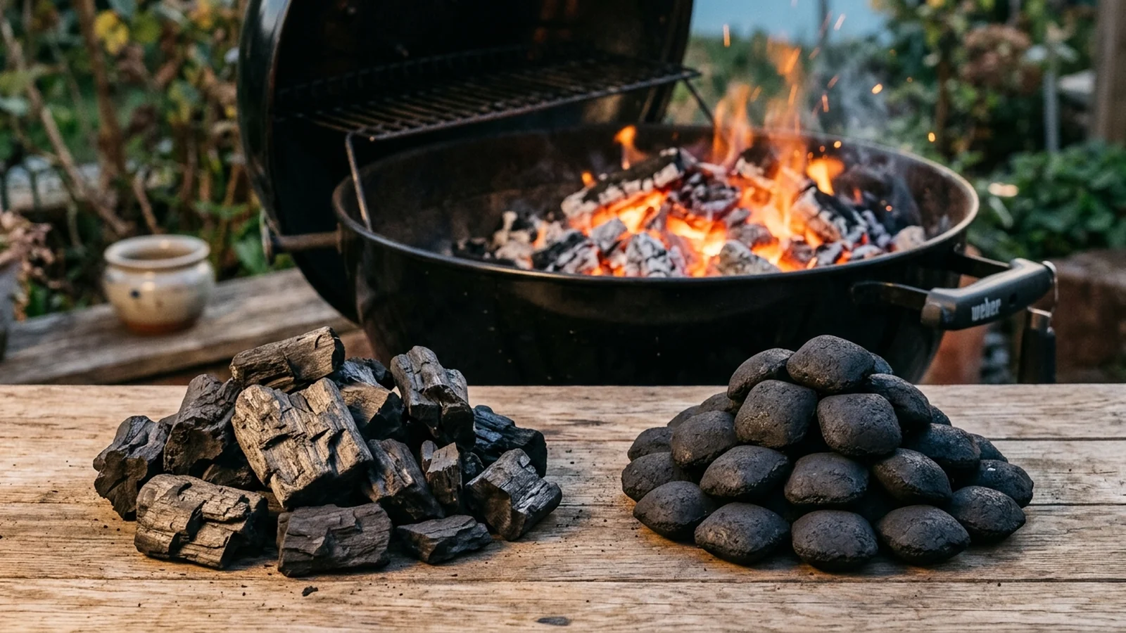 Holzkohle und Grillbriketts als direkter Vergleich am Kugelgrill