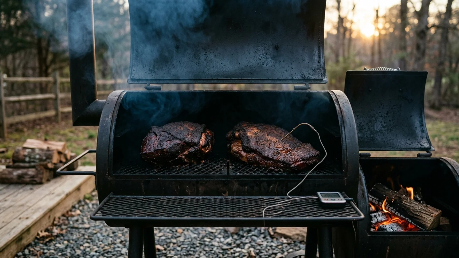 Brisket und Schweineschulter garen langsam im Smoker