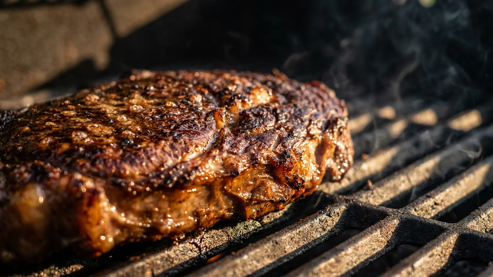 Nahaufnahme einer kräftig gebräunten Steakkruste auf dem Grill