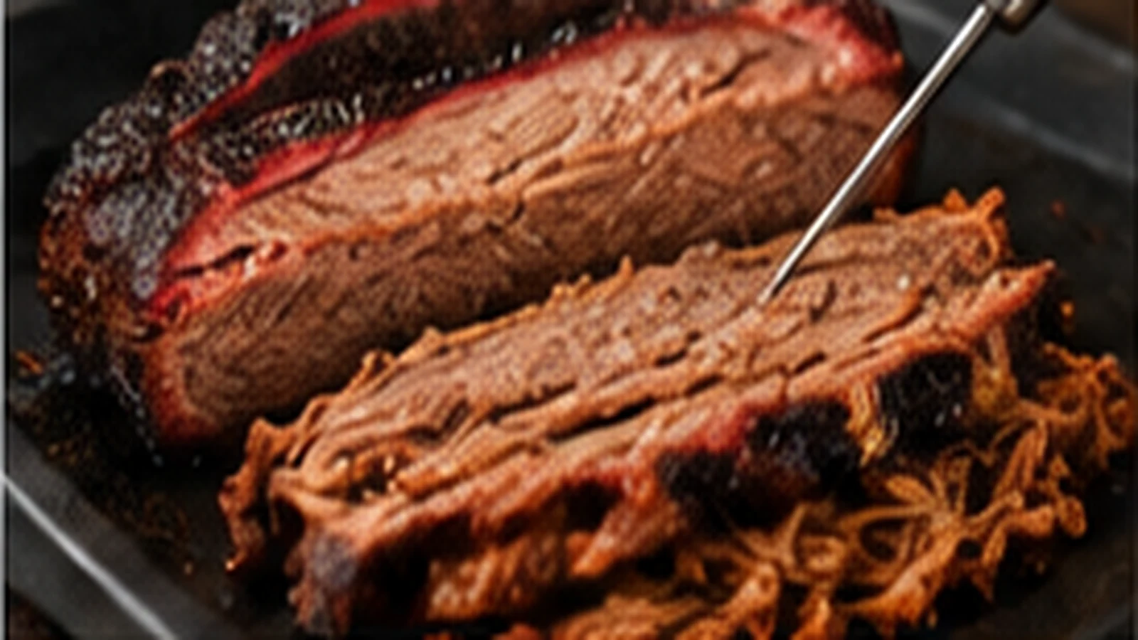 Pulled Pork mit dunkler Bark und eingestecktem Temperaturfühler im Smoker