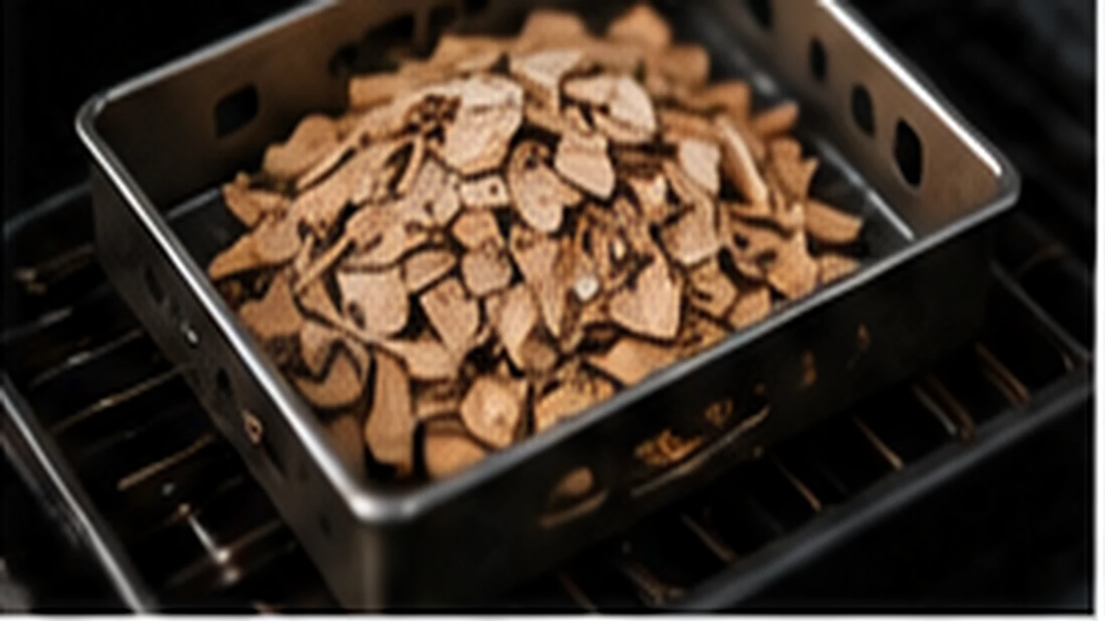Räucherchips in einer Metallbox auf einem Grillrost mit leichtem Rauch