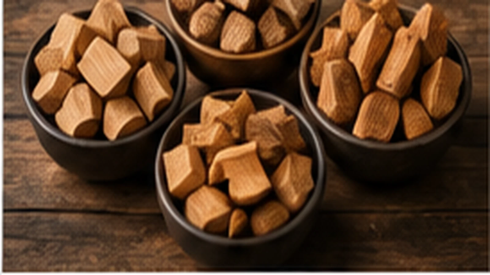 Verschiedene Räucherholzstücke und Chunks auf einem Holztisch