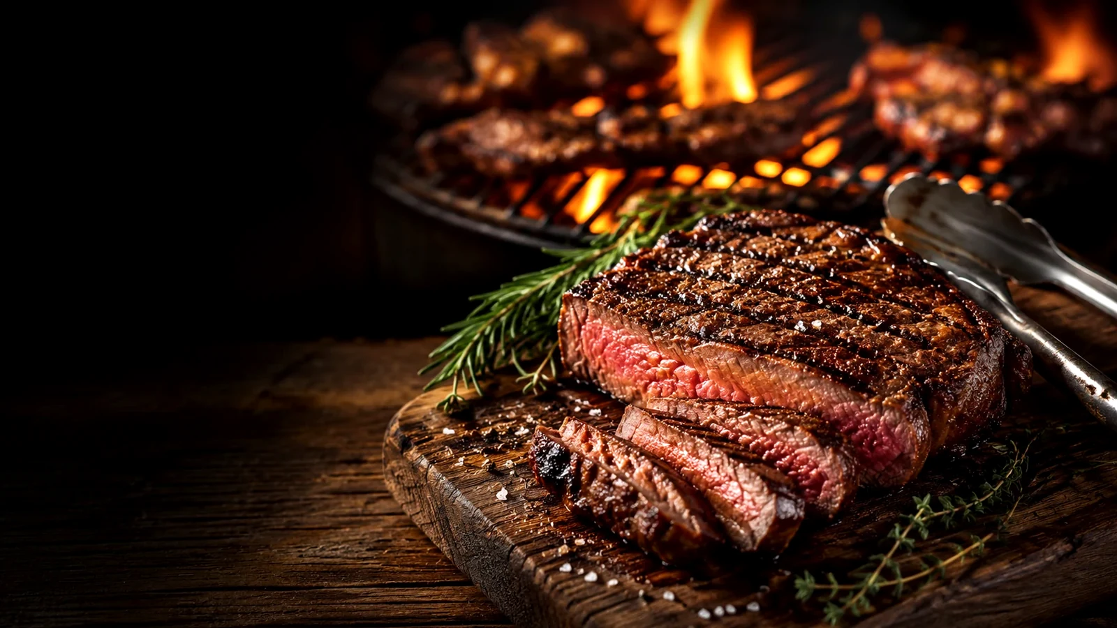 Angeschnittenes Steak mit rötlichem Fleischsaft auf einem Schneidebrett