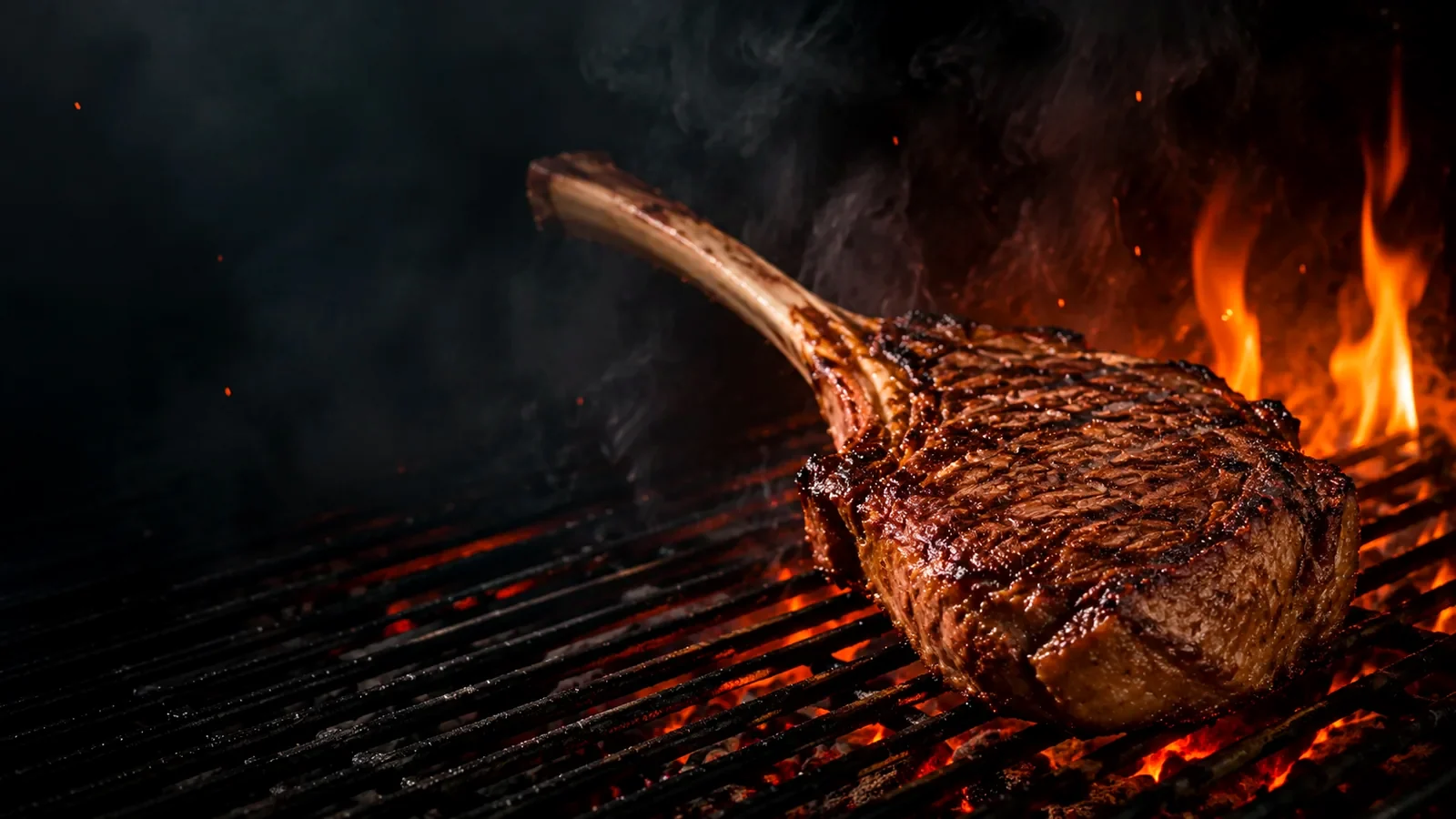 Tomahawk-Steak mit langem Knochen auf einem heißen Grill