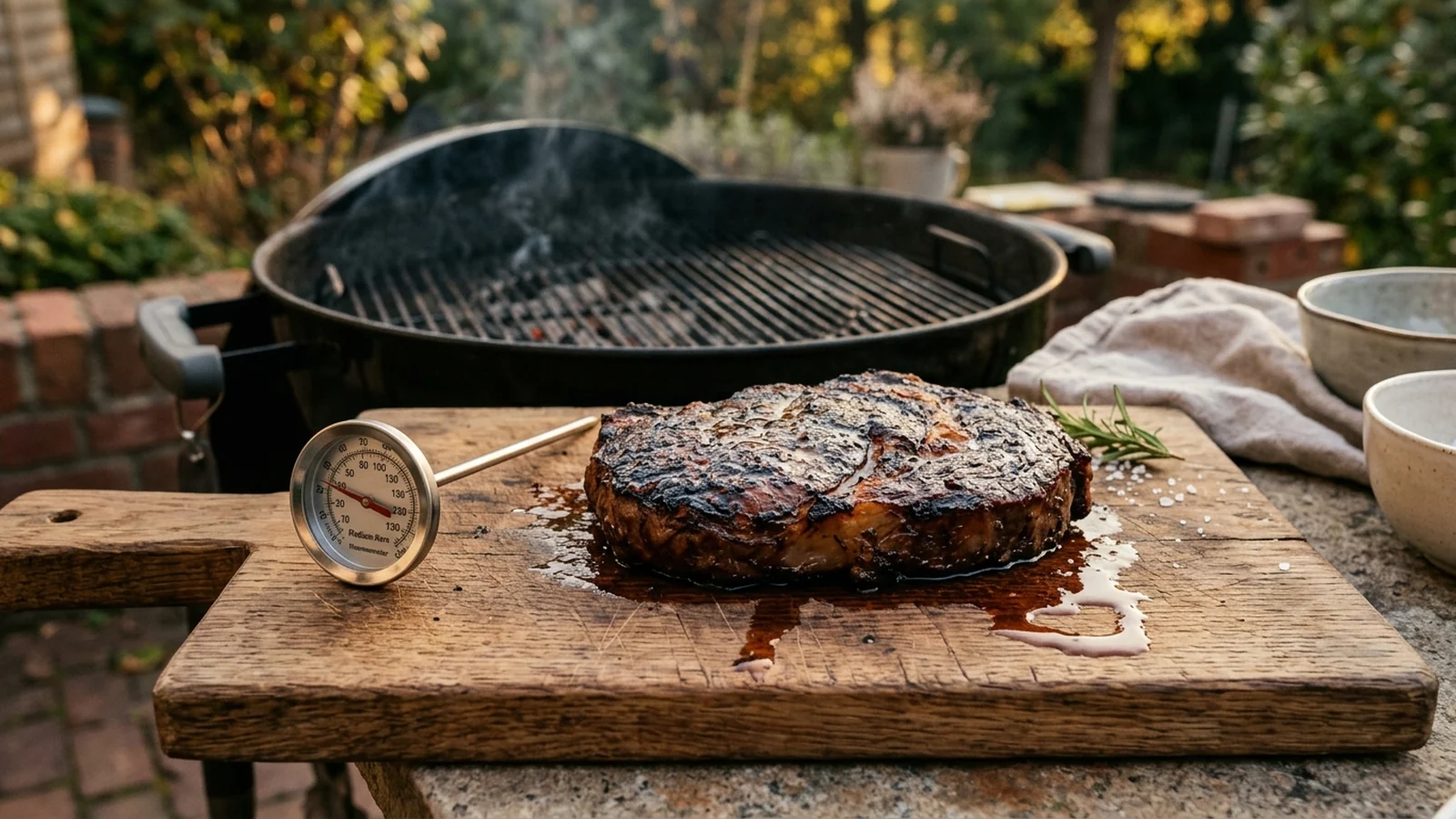 Gegrilltes Steak ruht mit Grillthermometer auf einem Holzbrett
